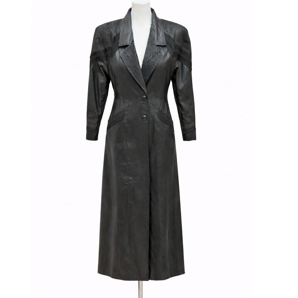Vintage 80s Winlit Leather Black Trench Coat Western Paisley Genuine Women Small